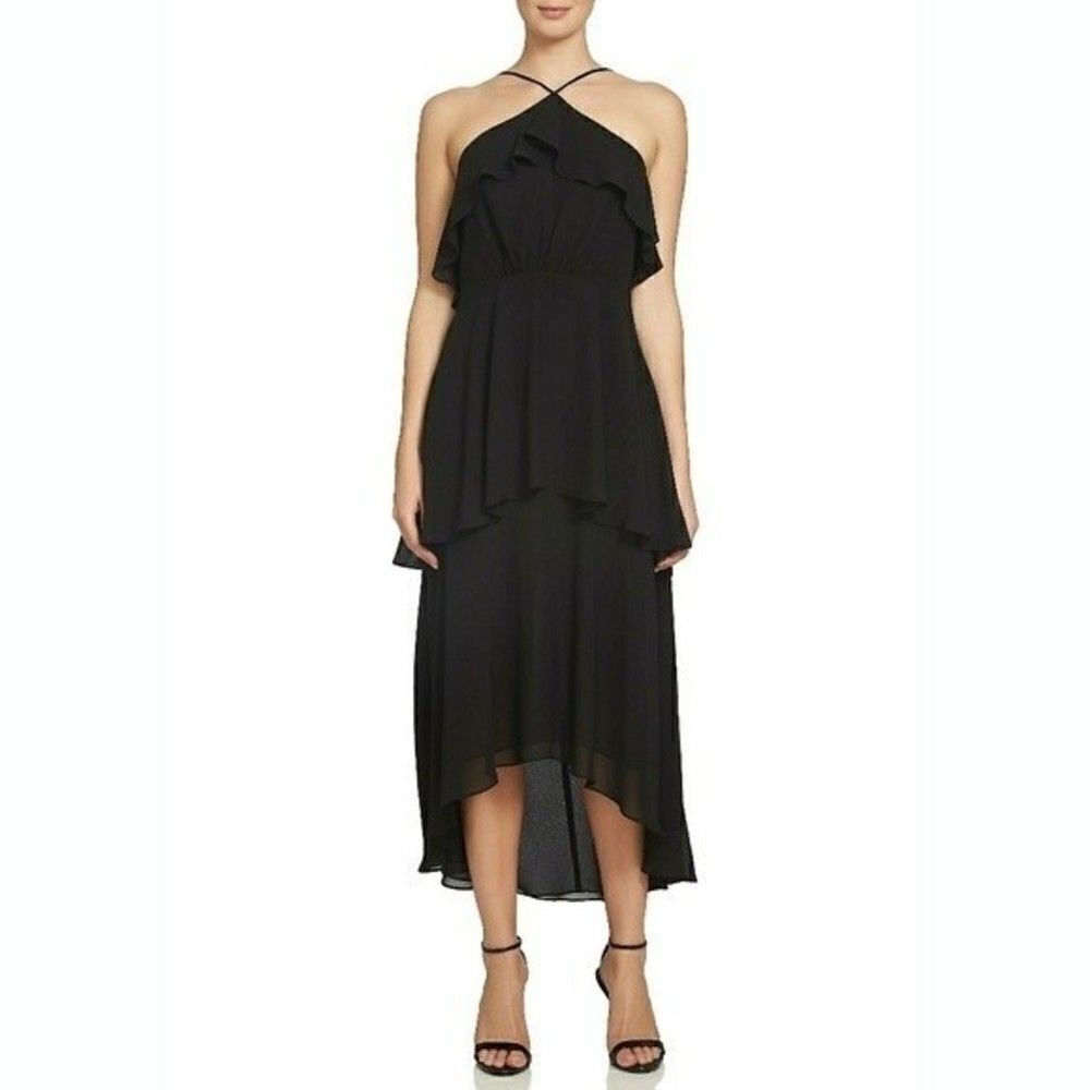 New! CECE Cynthia Steffe Women's Ruffle Chiffon Black High-low Halter Dress 6